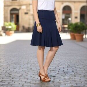 LRL Ralph Lauren Pleated Skirt Size 14 Capri Navy Stretch Knit Fit Flare Zipper